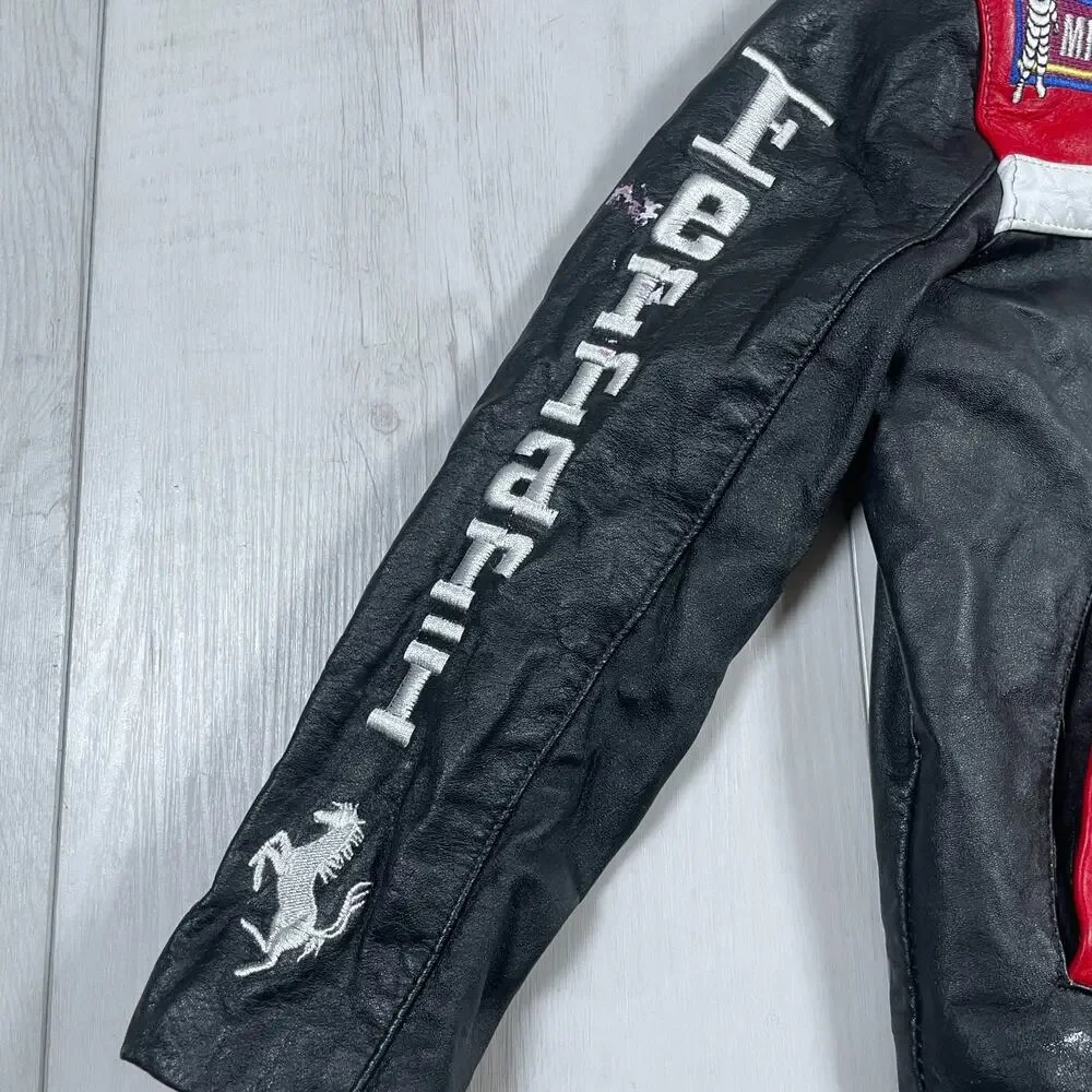 Ferrari Kids Size 4 Racing Leather Jacket Vintage Style Black Red Racing F1